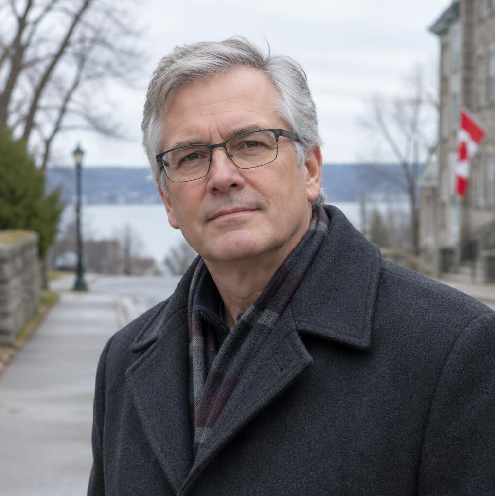 Portrait of a white Canadian man in his fifties wearing glasses outdoors