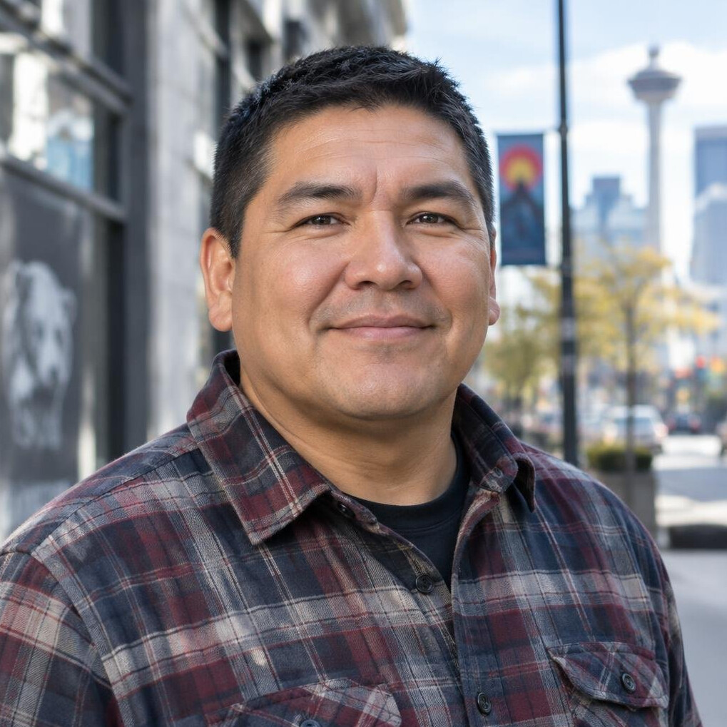 Portrait of an Indigenous Canadian man in his forties smiling outdoors
