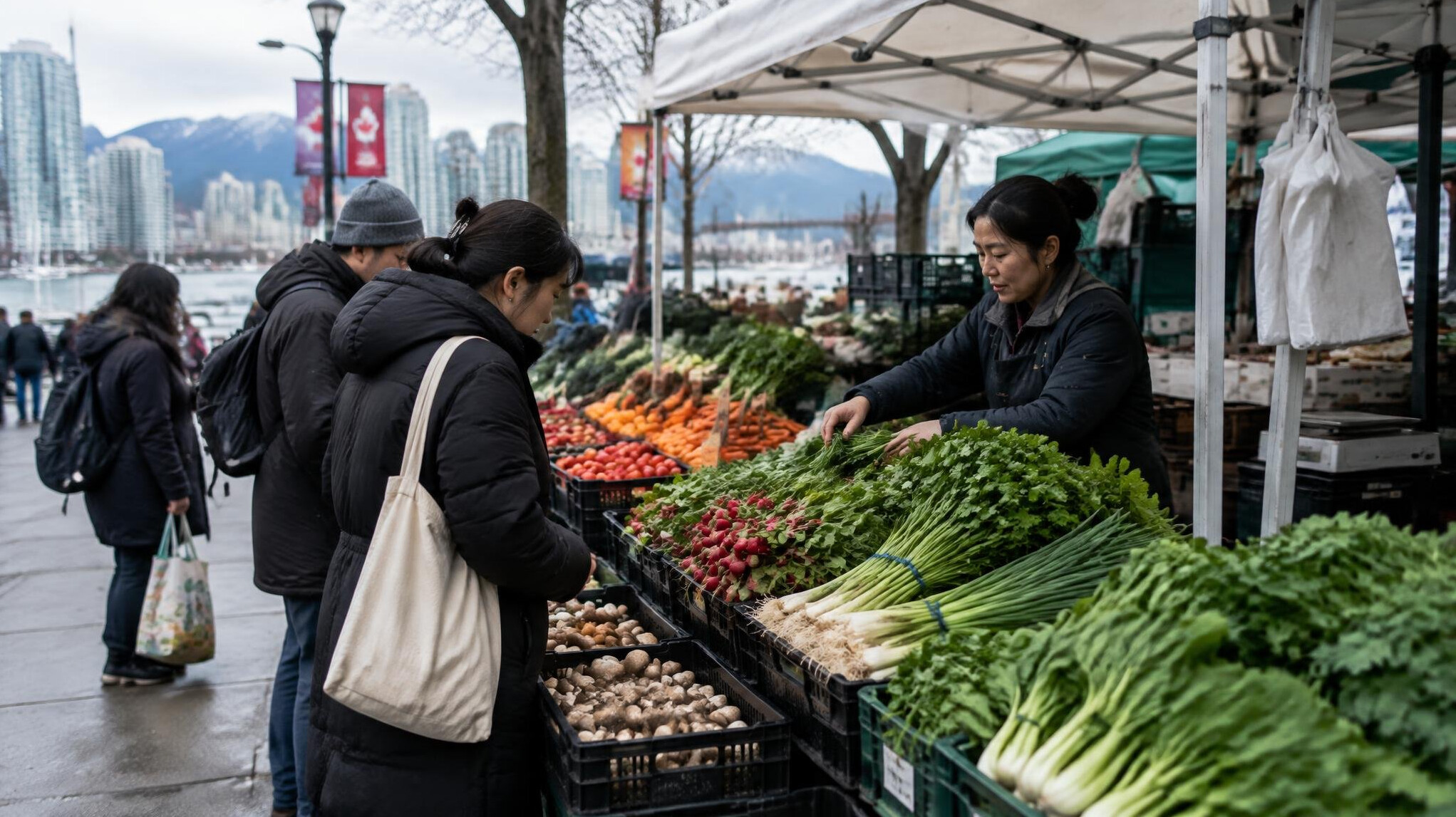 Outdoor market stall on a Vancouver street with fresh produce on display