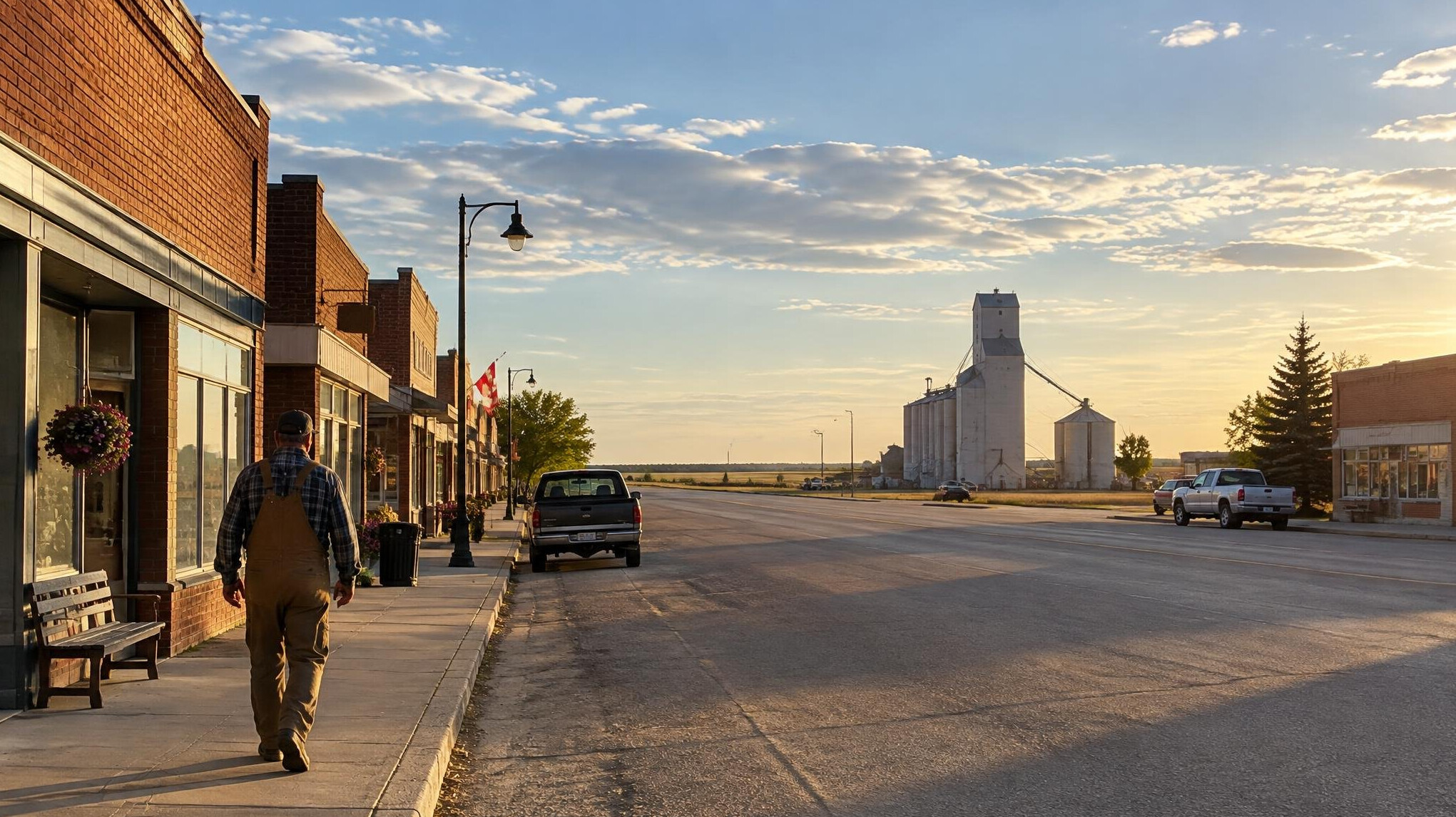Main street of a small prairie town with grain elevator in the distance