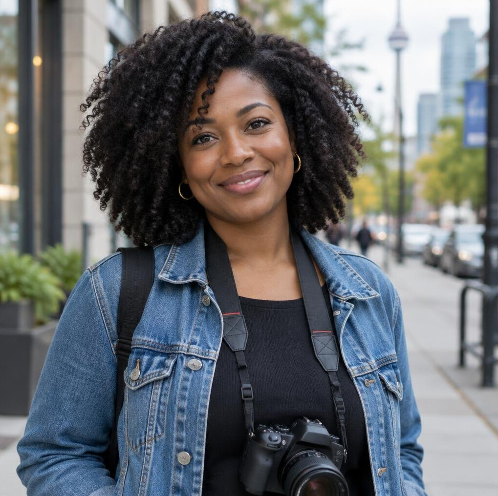 Portrait of a Black Canadian woman in her thirties holding a camera