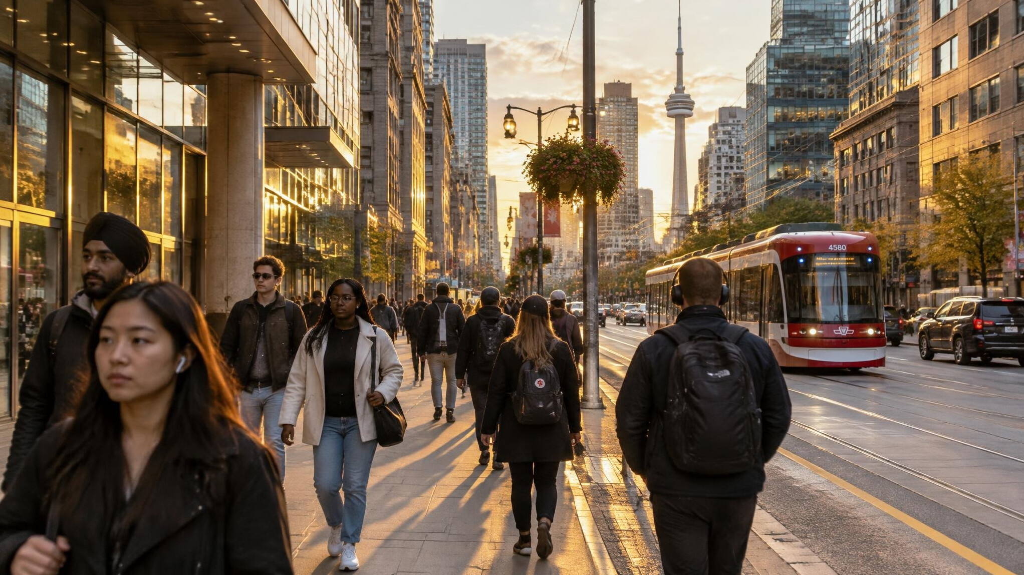 Pedestrians crossing a busy downtown Toronto street at golden hour