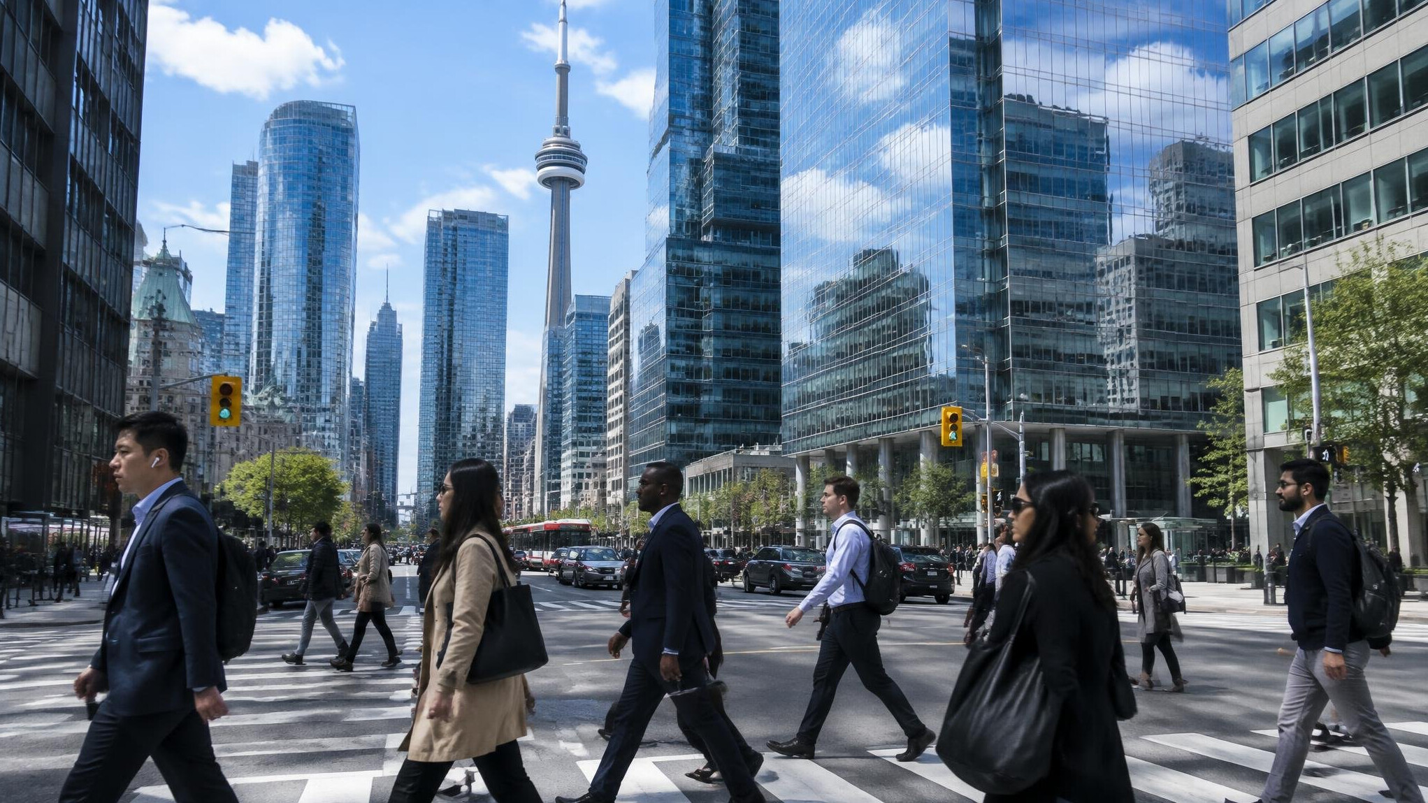 Toronto downtown skyline seen from a busy street corner