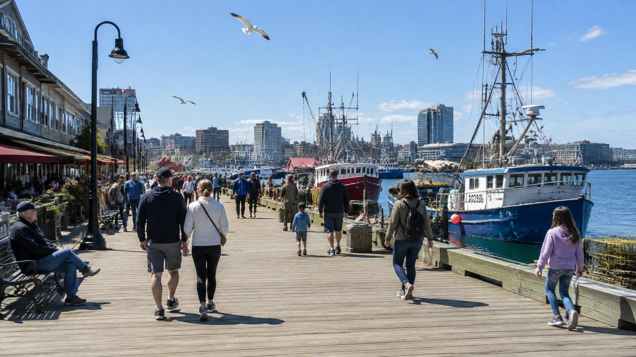 Wooden boardwalk street along the Halifax waterfront with people walking