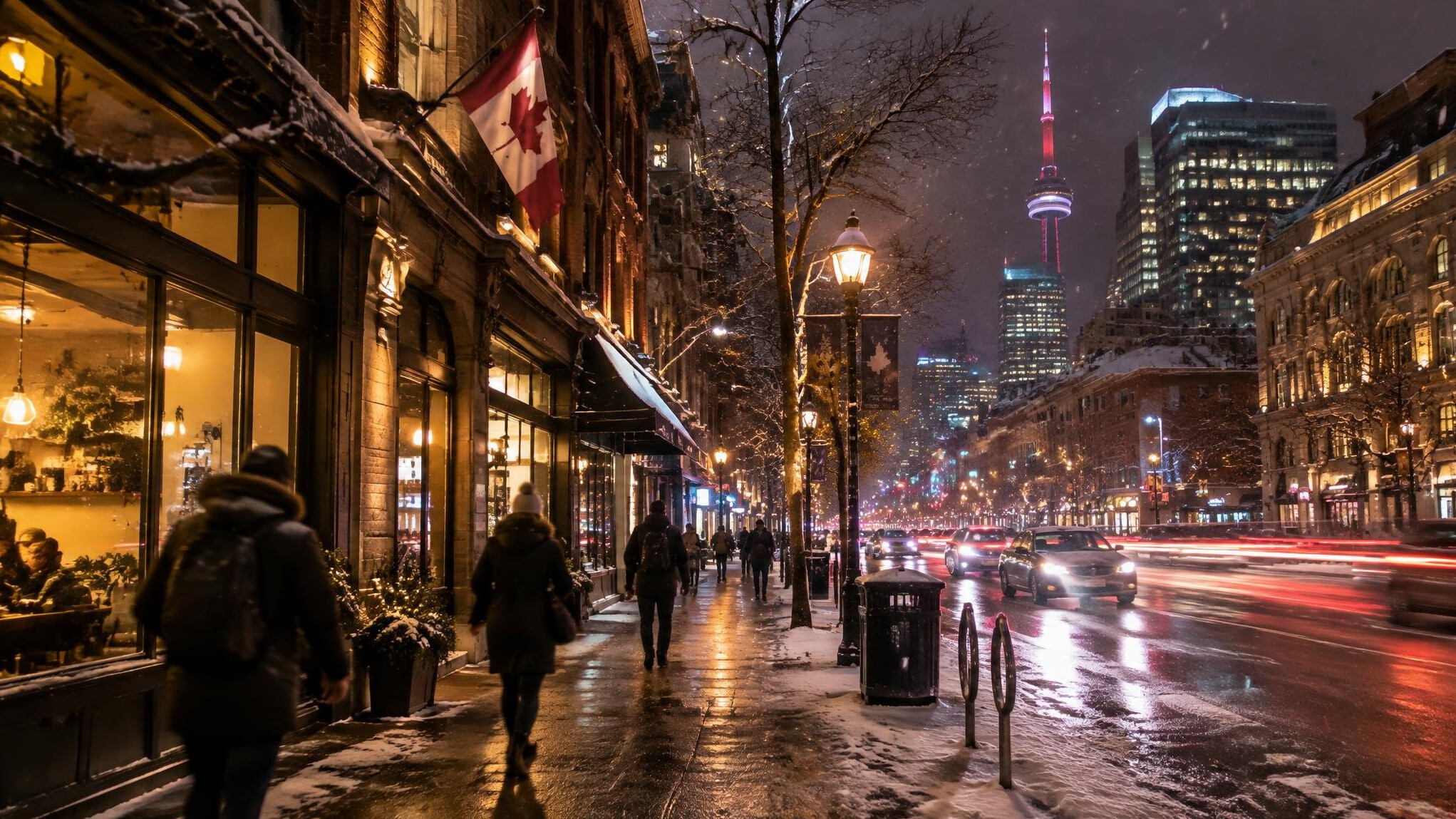 City street at night lit by shop signs and streetlights