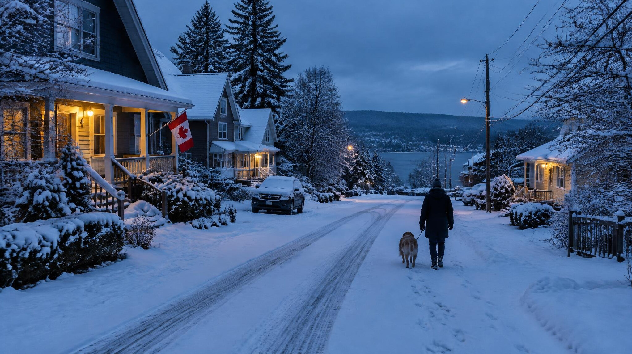 Snow-covered residential street in a Canadian town during winter