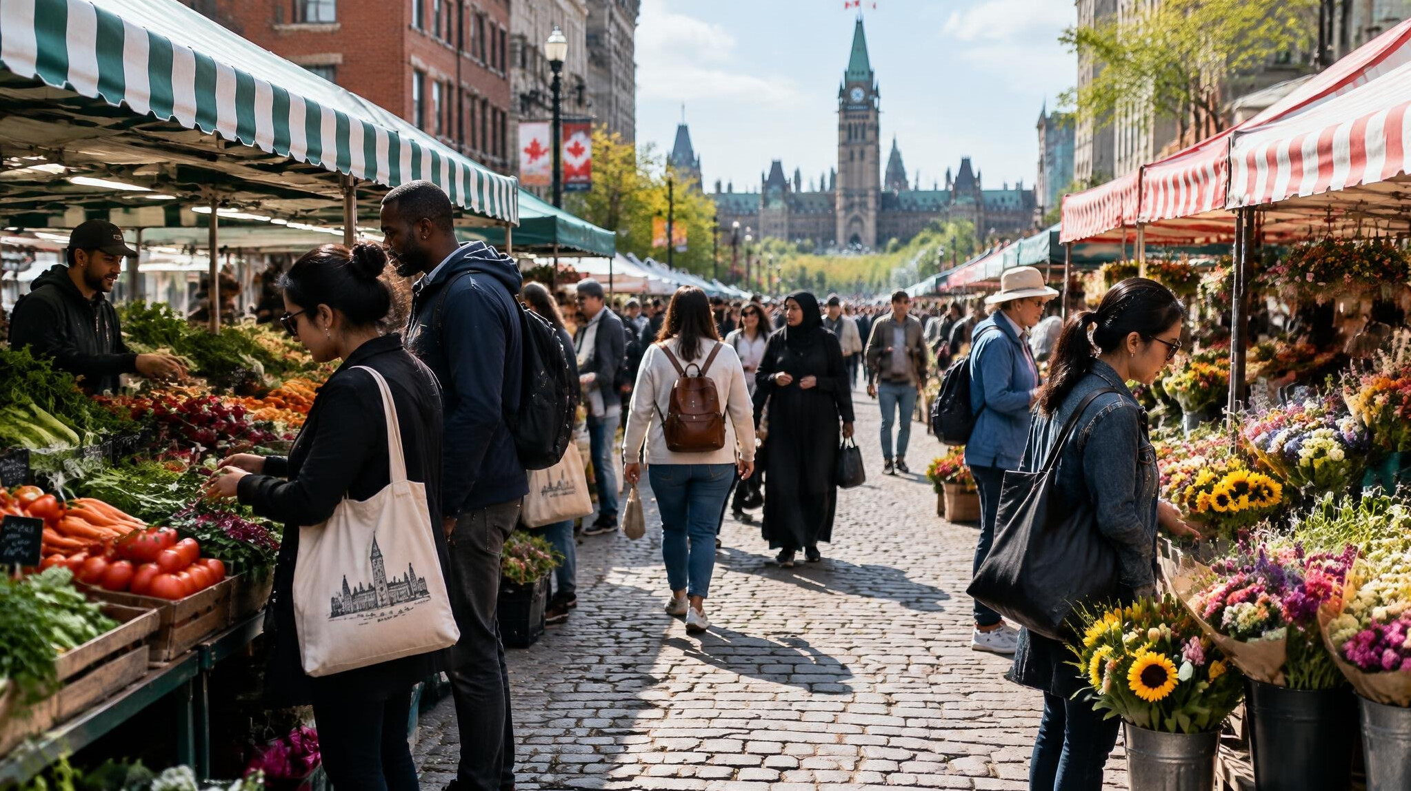 Busy market street lined with vendor stalls and awnings in Ottawa