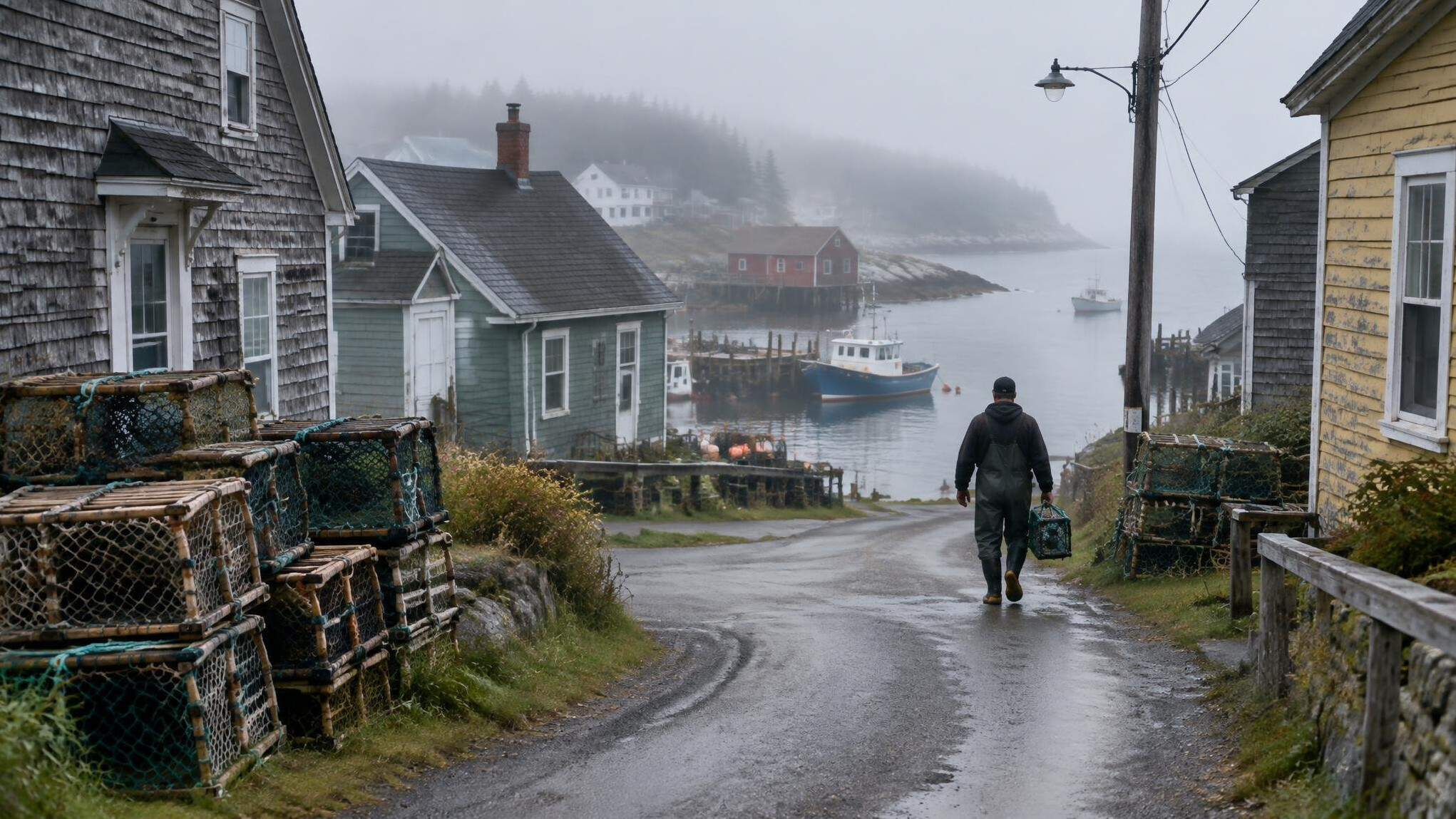 Narrow street through a small Atlantic Canada fishing village
