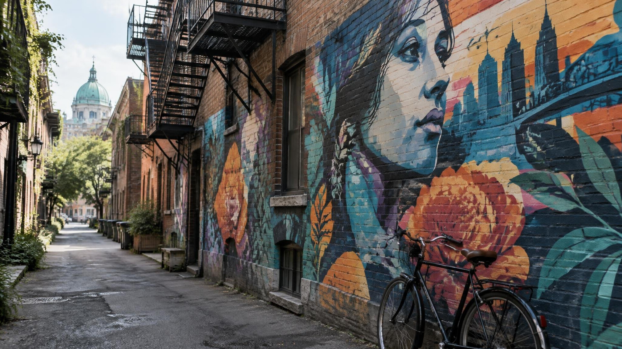 Colourful mural covering the wall of a narrow Montreal alley
